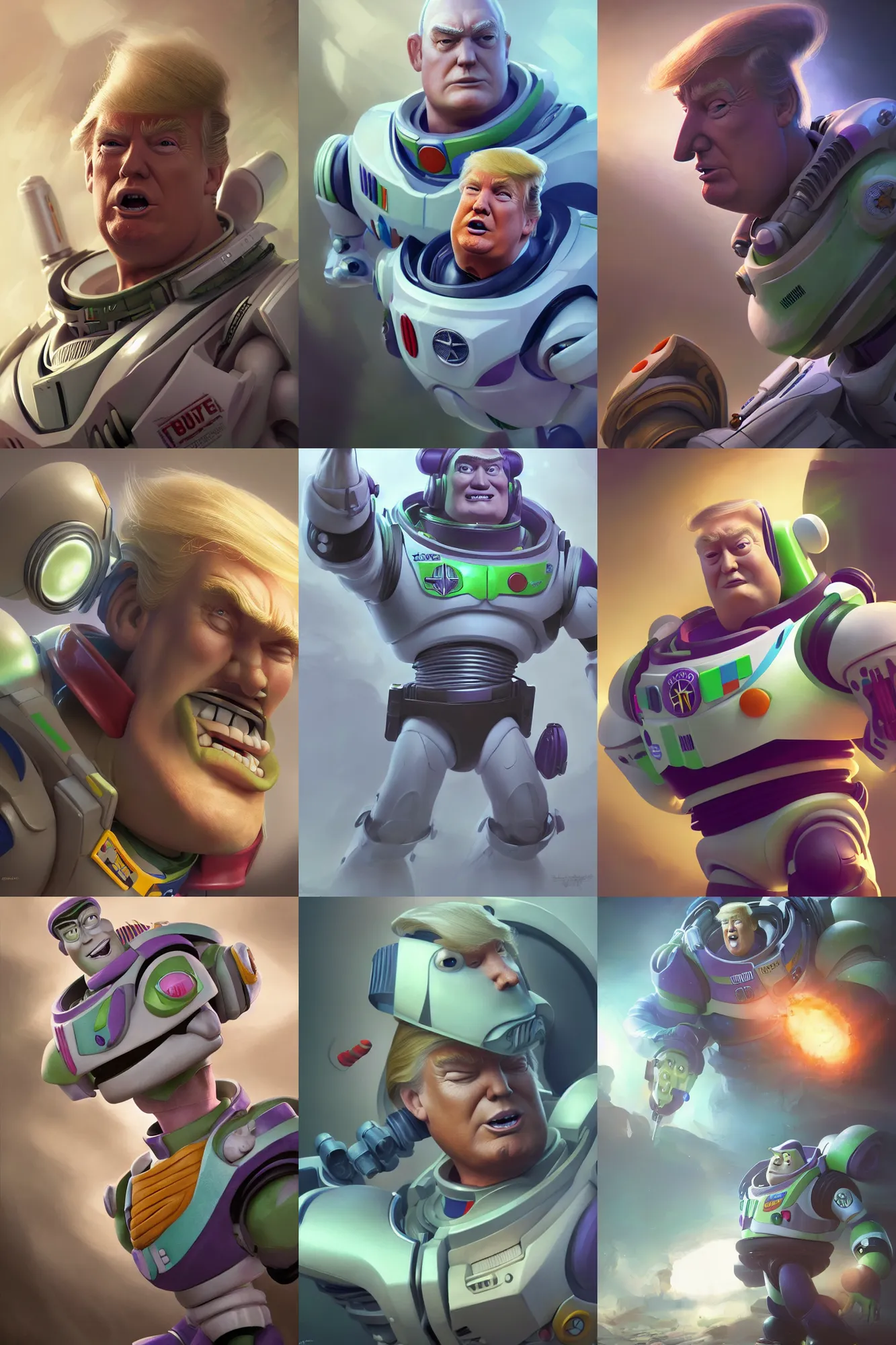 Prompt: donald trump as buzz lightyear, 3 d render, hyper - realistic detailed portrait, ruan jia, wlop. scifi, fantasy, magic the gathering, hyper detailed, octane render, concept art, peter mohrbacher