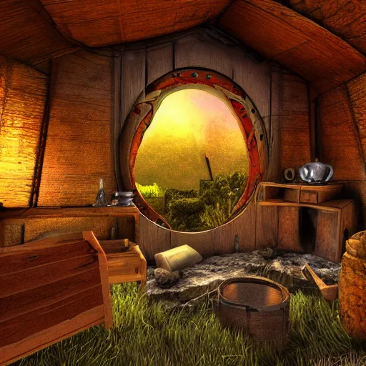 Image similar to hobbit house as a scene from quake 3, digital art