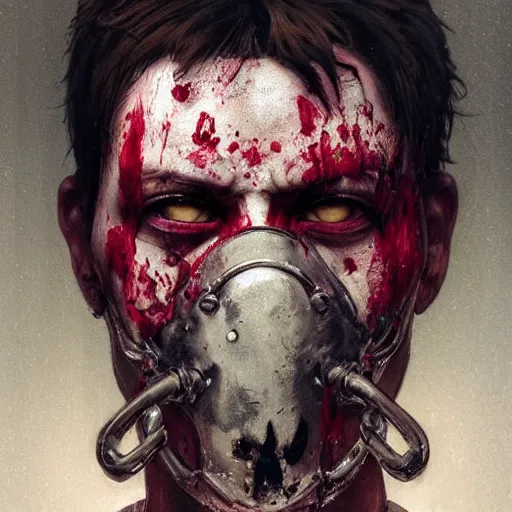 Image similar to portrait painting of a bloodied serial killer wearing a hello kitty mask, ultra realistic, concept art, intricate details, eerie, highly detailed, photorealistic, octane render, 8 k, unreal engine. art by artgerm and greg rutkowski and alphonse mucha