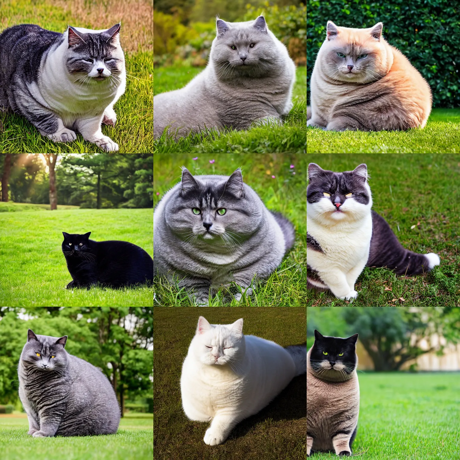 Prompt: Extreme Mega Chonker Cat sitting in the grass, oh lawd he coming, 100kg of fat, professional photo, full body view, XF IQ4, 150MP, 50mm, F1.4, ISO 200, 1/160s, natural light