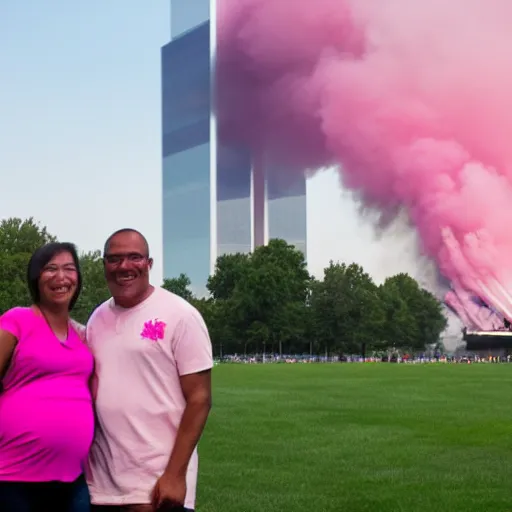 Prompt: a couple of parents to be, smiling in front of 9 / 1 1 with pink smoke