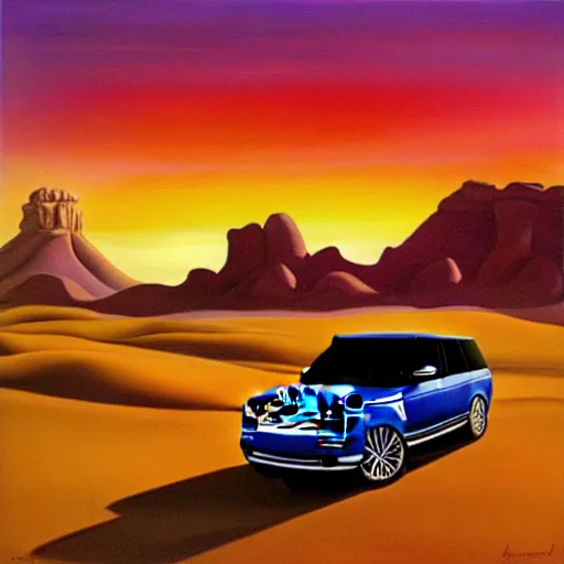 Image similar to a range rover in the desert with mountains in the back during a beautiful sunset in the style of Salvador Dalí, oil on canvas