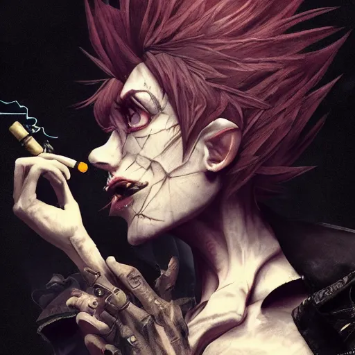 Image similar to Gothic Jimmy Neutron smoking a cigarette, dark background. digital art. amazing quality. perfect lighting. Professional design. Great composition. by Ayami Kojima and Tomoyuki Yamasaki and Tsutomu Nihei, octane render, award winning art. impressive colors. trending on artstation. Brian Froud style