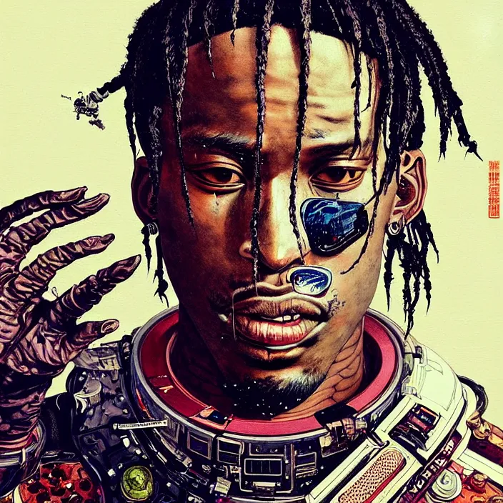 Image similar to a beautiful ukiyo painting of travis scott as a spacepunk battle space pilot, wearing space techwear, detailed close up portrait, intricate complexity, concept art, by takato yamamoto, wlop, krenz cushart. cinematic dramatic atmosphere, sharp focus, digital full likeness art. center frame