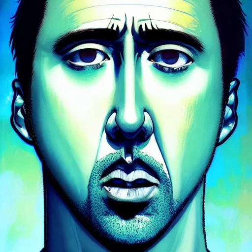 Image similar to prompt : blue nicolas cage illustration portrait soft light painted by james jean and katsuhiro otomo and erik jones, inspired by evangeleon anime, smooth face feature, intricate oil painting, high detail illustration, sharp high detail, manga and anime 1 9 9 9