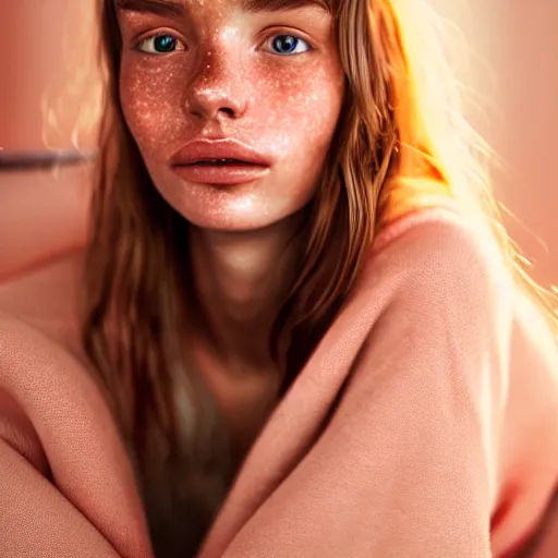 Image similar to portrait of a cute thin young woman, red blush, light freckles, soft smile, casual clothes, relaxing on the couch, home interior, golden hour, close up shot, 8 k, art by irakli nadar, hyperrealism, hyperdetailed, ultra realistic