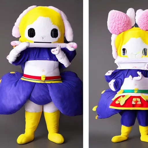 Prompt: 35mm of a very cute, minimal, adorable and creative Japanese mascot character costume, full body view, very magical and dreamy, designed by Gucci,kawaii, magical details