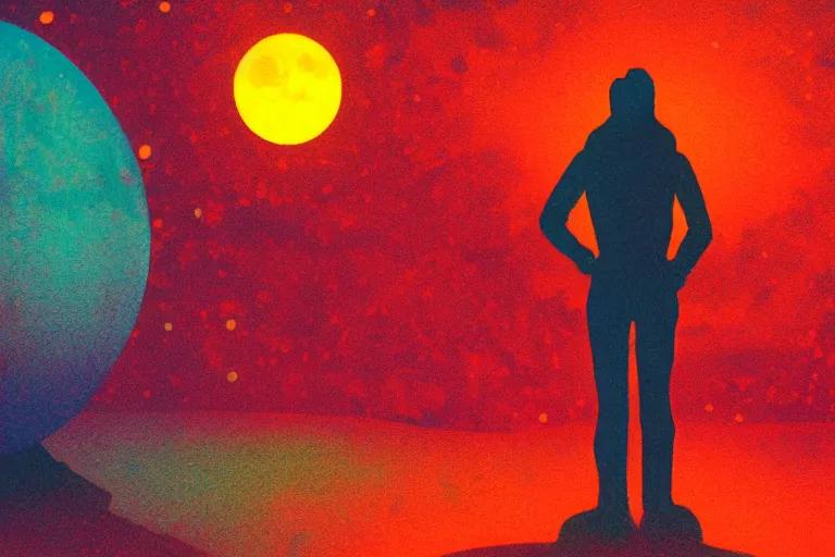 Image similar to a sad human standing on mars in the style of flooko, acrylic art, detailed, moonlight, red lighting, bokeh, synthwave, psychedelic, glitch, neon,