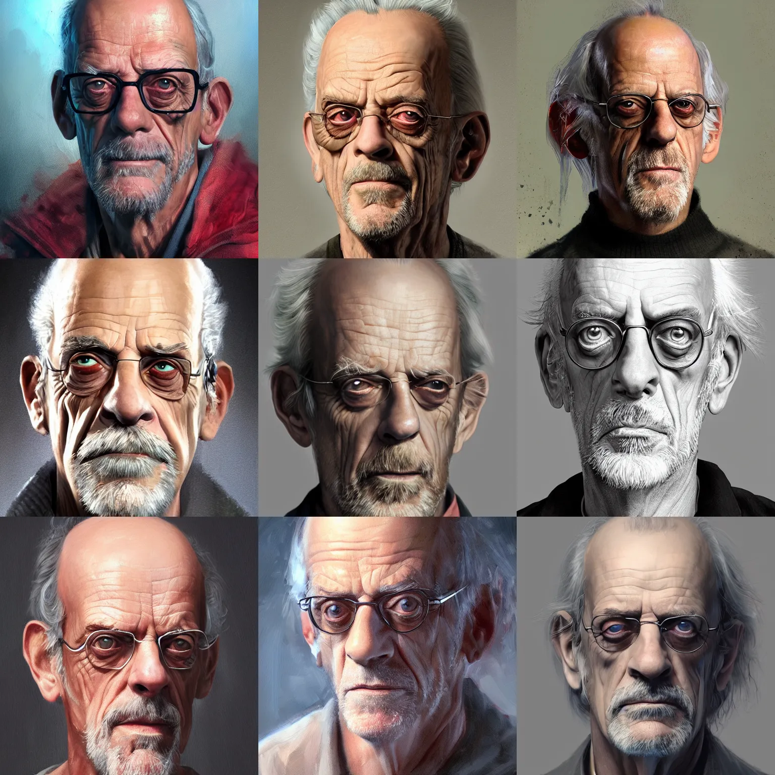 Prompt: a portrait of christopher lloyd, very detailed, painterly, artstation, high quality, dramatic lighting