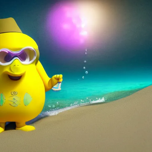 Prompt: 3 d octane render of an anthropomorphic lemon character, with lemon skin texture, it is wearing a hat and scuba diving suit, it's seen building a sandcastle on the beach at sunset, beach, huge waves, sun, clouds, long violet and green trees, rim light, cinematic photography, professional, sand, san dcastle, volumetric lightening