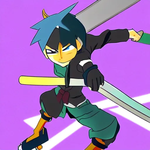 Image similar to skater character with katana in hands, cartoon stylised proportions by hiroyuki imaishi gainax studio trigger and yoh yoshinari animation art