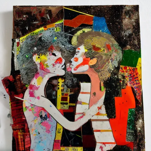 Prompt: two women kissing at a carnival, mixed media collage, retro, paper collage, magazine collage, acrylic paint splatters, bauhaus, claymation, layered paper art, sapphic visual poetry expressing the utmost of desires by jackson pollock