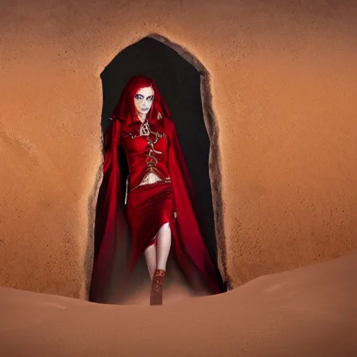 Prompt: An alluring vampire queen wearing a red pendant walks out of a tomb in the Sahara