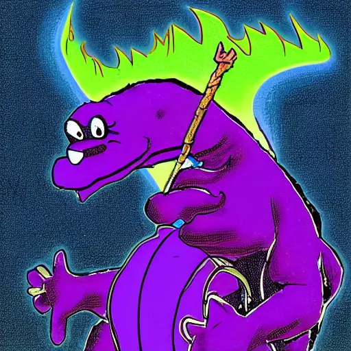 Image similar to barney the purple dinosaur burns in the lava of mount doom clutching the one ring