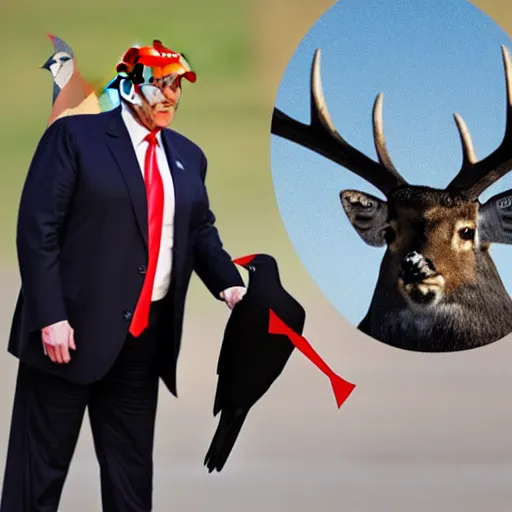 Image similar to crows poking donald trump in the eye and a deer spiking his legs