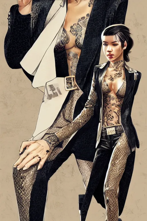 Image similar to yakuza slim girl, gold suit jacket in snake print, jacket over bare torso, yakuza tattoo Irezumi on body, black short curtain haircut, black leather pants with black belt, portrait, beautiful face, elegant, 2d, ultra highly detailed, digital painting, smooth, sharp focus, artstation, art by Ilya Kuvshinov, rossdraws