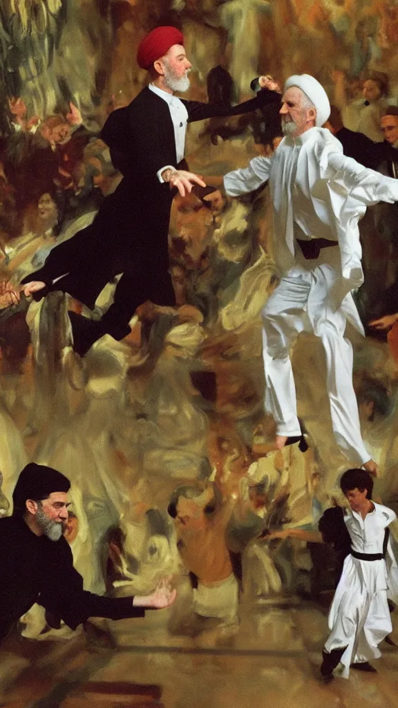 Image similar to ali khamenei dance with david bowie in botanical room by john singer sargent, cinematic, detailed