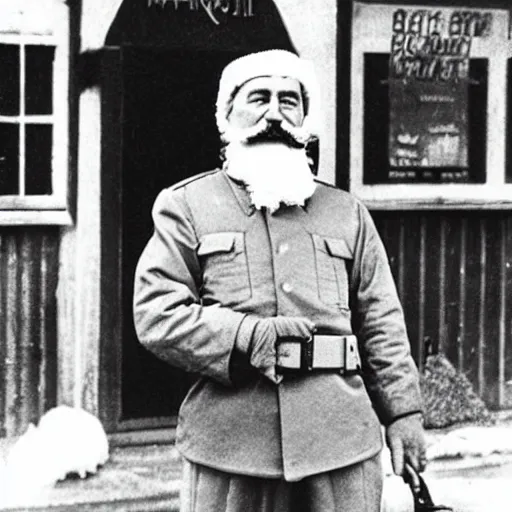 Prompt: stalin standing outside mcdonalds, dressed as santa clause, historical photo