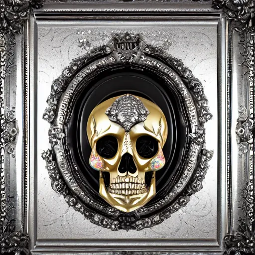 Image similar to a portrait of a beautiful ornate and intricate rococo skull with diamonds as eyes and with silver and gold details and diamonds inside a rococo frame, 4k, octane render, vray, unreal engine, photorealistic