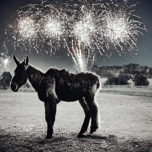 Image similar to “exploding fireworks in the night sky raining down embers and sparks and brightly burning pieces falling from the sky, a pale donkey stands in a field in the darkness. Photography. Flash photo. Cursed image.”