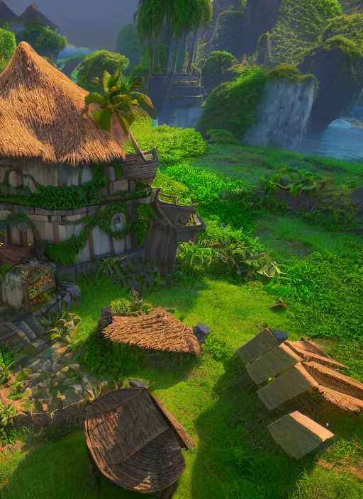 Image similar to subsurface scattering, medieval village in the middle of lush forest, in the style of moana, cinematic lighting, 8 k