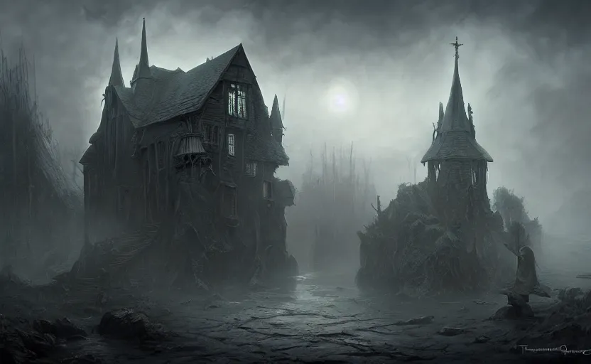 Image similar to extreme long shot concept art depicted an old english mystic town, dramatic mood, overcast mood, dark fantasy environment, art by tony sart and thornton oakley and darek zabrocki, trending on artstation, unreal engine, hyper - real movie shot