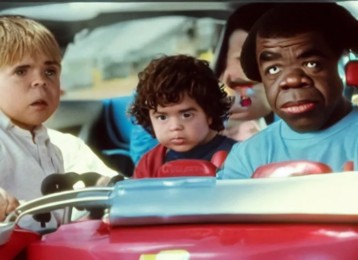 Image similar to peter dinklage racing gary coleman driving a little tikes cars, movie still, from the new fast and furious movie, 8 k, realistic