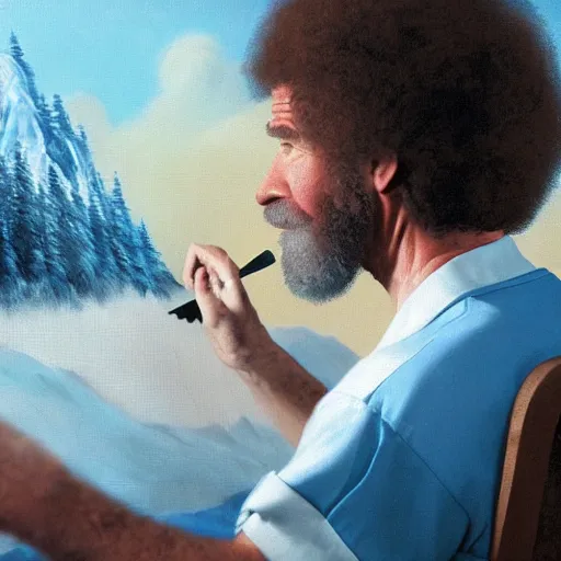 Prompt: a closeup photorealistic photograph of bob ross working on a canvas painting of mickey mouse. film still. brightly lit scene. mountains and trees. this 4 k hd image is trending on artstation, featured on behance, well - rendered, extra crisp, features intricate detail, epic composition and the style of unreal engine.