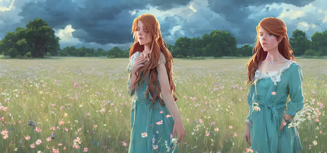 Image similar to a beautiful southern woman named Savannah, innocent, sad turquoise eyes, freckles, long ginger hair tied with white ribbon, relaxed in a field of flowers on a farm, gentle lighting, storm in the distance, somber, western clothing, dress, digital art by Makoto Shinkai ilya kuvshinov and Wojtek Fus, digital art, concept art,