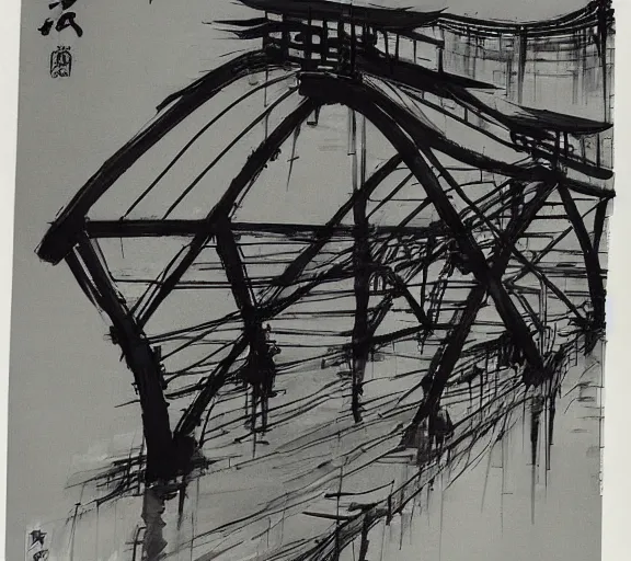 Image similar to ink painting of a chinese bridge by george tsui, gu kaizhi, tsutomu nihei
