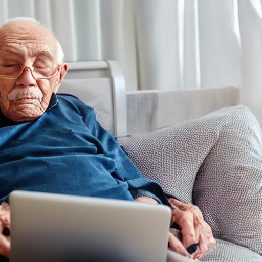 Image similar to elderly man sitting in a casket browsing internet on laptop from a casket casket