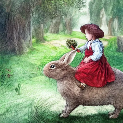 Prompt: beautiful picture of a little girl riding a giant rabbit, wonderland, land of Oz, Beatrix Potter, trending on Artstation