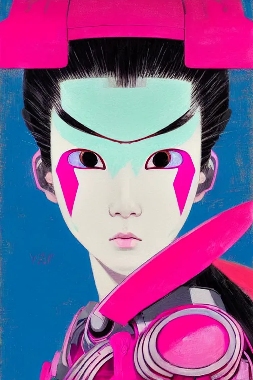 Image similar to portrait of a stylized japanese young mecha - geisha, painted in acrylic, pigment textures, in the colors hot pink and cyan, beautiful realistic face, rule of thirds, spotlight, by greg rutkowski, by jeremy mann, by francoise nielly, by van gogh, by ross tran, in focus, in the style of ghost in the shell