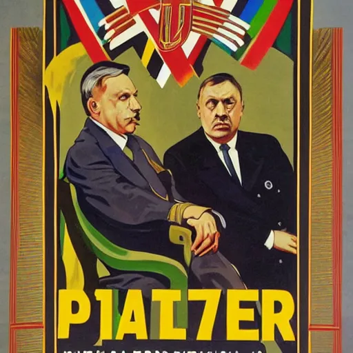 Prompt: hungarian prime minister viktor orban sits on hitler's lap, nazi germany propaganda poster art 1 9 4 4, highly detailed, colored