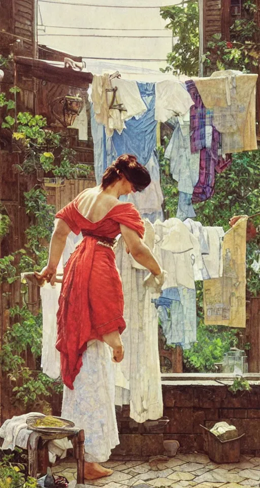 Prompt: a person squeezing washing clothes outside, sun shining, photo realistic illustration by greg rutkowski, thomas kindkade, alphonse mucha, loish, norman rockwell.