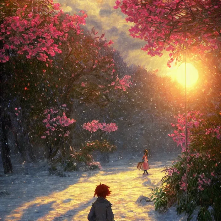 Image similar to an epic makoto shinkai and renoir landscape with a snowy fantasy landscape, candycanes, candy land, golden hour, 🌺, ultra smooth, lois van baarle, ilya kuvshinov, unreal engine, blender, trending on artstation, suntur, caleb worcester, highly detailed, photorealism, bloom effect 8 k