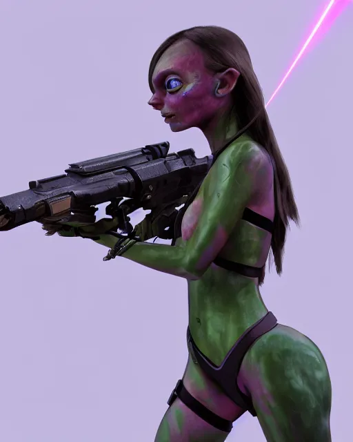 Prompt: futuristic goblin girl holding a laser rifle, sci fi, photorealistic concept art, full body shot, green skin