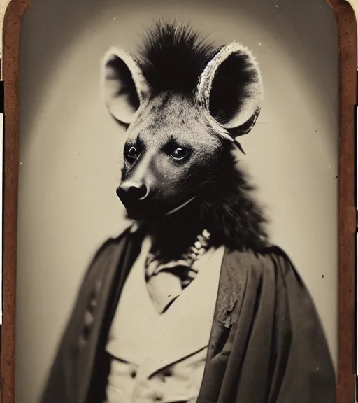 Image similar to professional studio photo portrait of anthro anthropomorphic spotted hyena head animal person fursona smug smiling wearing elaborate pompous royal king robes clothes wallet frame by Louis Daguerre daguerreotype tintype