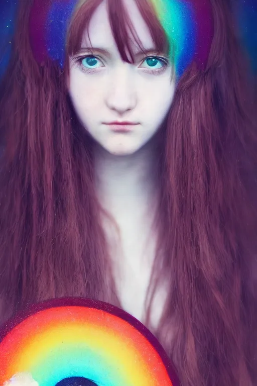 Prompt: pre-raphaelite cute anime girl with dark rainbow, blurred detail, photo by Annie Leibovitz, Anton Fadeev