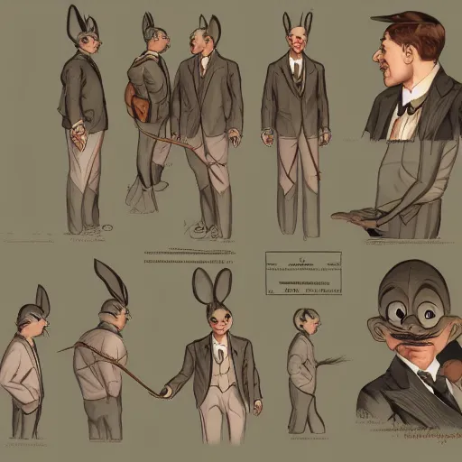 Image similar to alan turing meeting bugs bunny, character sheet, character design, contrast, deep focus, turnaround, highly detailed, dramatic lighting, artstation, concept art, matte, sharp focus, illustration, elegant, art by artgerm and greg f and alphonse mucha.