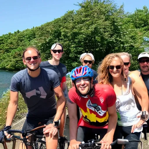 Prompt: bicycle crew in montauk drinking beer