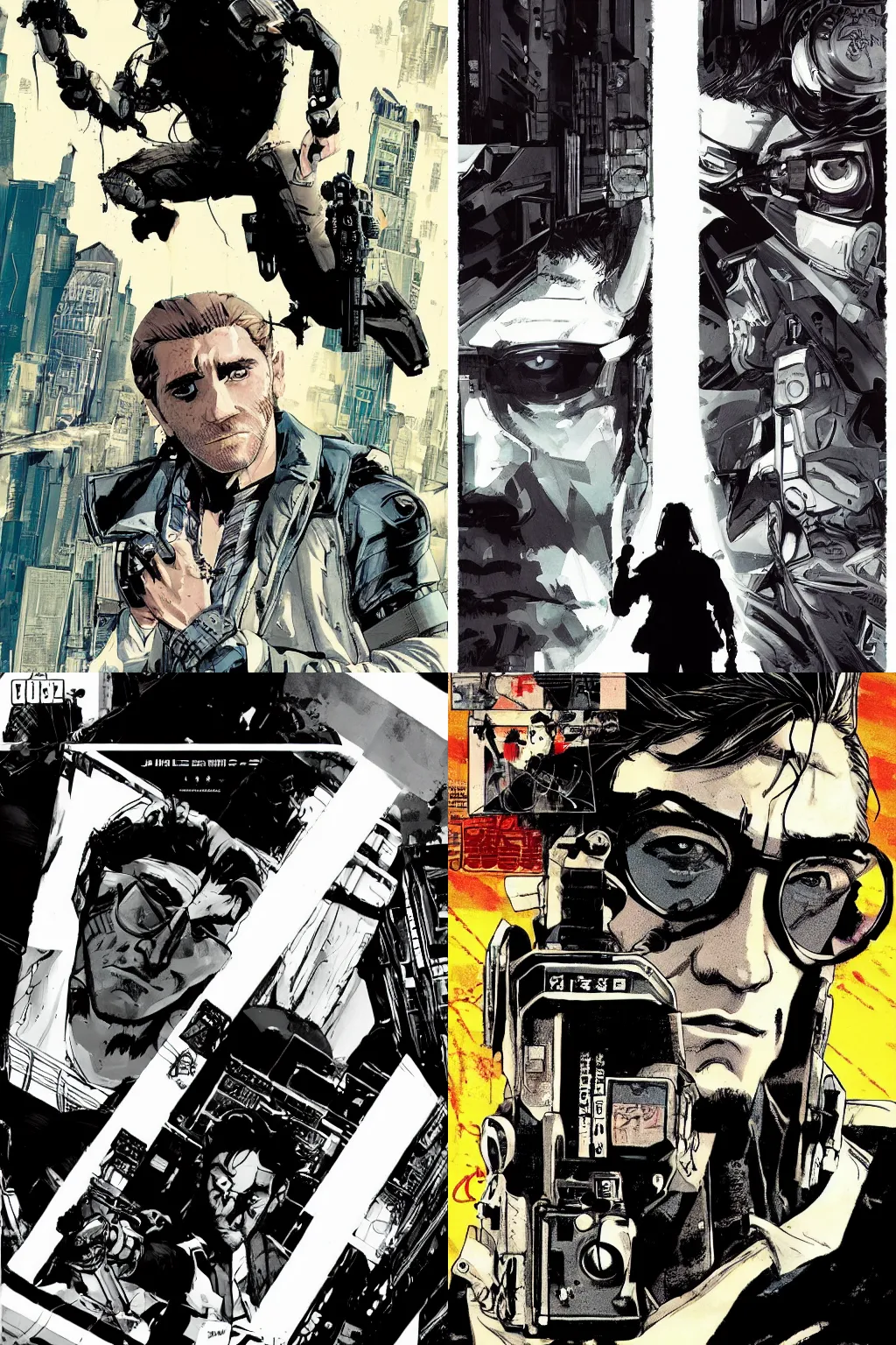 Prompt: jake gyllenhaal graphic novel cover art, yoji shinakawa, studio gainax, cyberpunk, badass