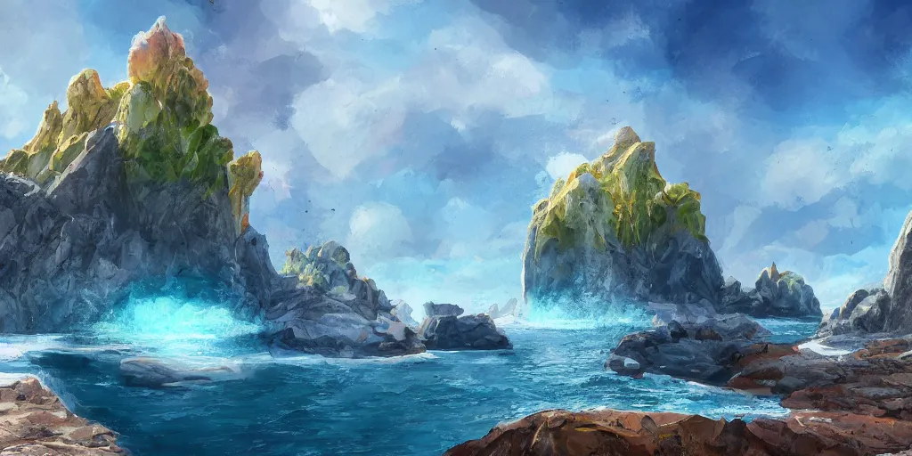 Image similar to salt covered islands surrounded by colourful rugged quartz cliffs, illustration, bright sunlight, sun glints, sunrays, digital art, oil painting, fantasy, 8 k, trending on artstation, detailed