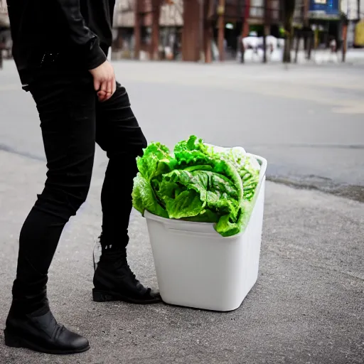 Prompt: man with black pants and black boots standing in a plastic bin of lettuce