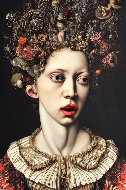 Prompt: Detailed maximalist portrait with large lips and wide eyes, sad expression, extra hands, HD mixed media, 3D collage, highly detailed and intricate, surreal, illustration in the style of Caravaggio, dark art, baroque