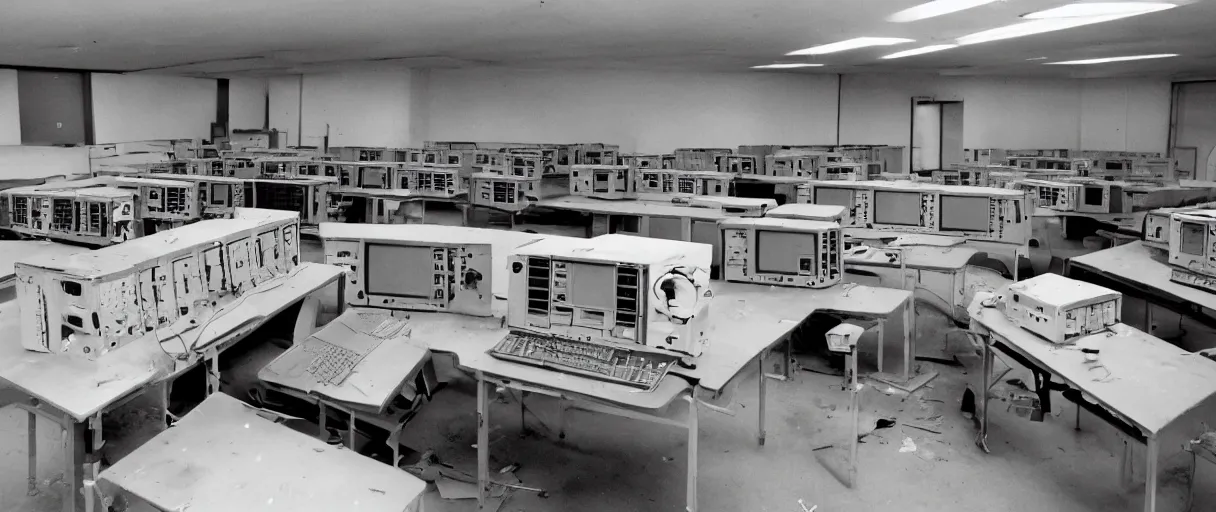 Prompt: movie still 4 k uhd 3 5 mm film color photograph of an abandoned computer laboratory control room full of cold war era computers