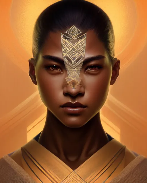 Image similar to symmetry, samurai, lines, brown skin, machine face, intricate, elegant, highly detailed, digital painting, artstation, cgsociety, concept art, smooth, sharp focus, illustration, art by artgerm and greg rutkowski and alphonse mucha, 8 k