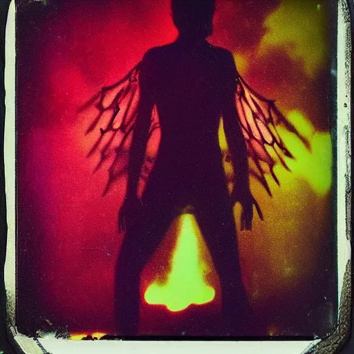 Image similar to a dying devil with tar drip wings standing in the shade of the backlit cosmic light, rich decaying bleeding colors a polaroid picture taken by hollywood