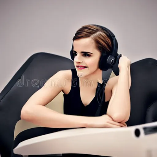 Image similar to emma watson wearing a gaming headset photo sitting on gaming chair stock photo