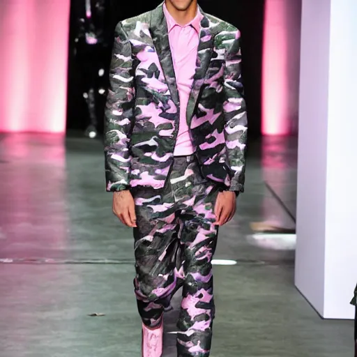 Prompt: imagine tasteful men's pink camo suit jacket with large silver detailing runway model fashion